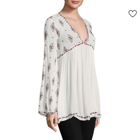 Free People Embroidered Diamond Key Hole Burgundy Cream Raw Hem Tunis Top,Small - Picture 3 of 14